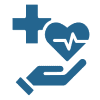 Healthcare symbol showing a hand holding a heart with a pulse line and a medical cross.
