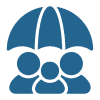 Three people under an umbrella symbol.