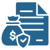 Icon of a money bag with a shield and document representing financial security.