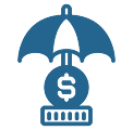 A stylized blue clock with umbrella and sun motifs.