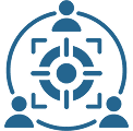 A blue icon representing a head with a target and connections symbol.