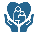 Blue icon of hands holding a heart with a family inside.