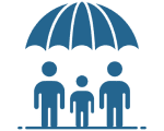 Icon of three people under a large umbrella symbolizing protection.
