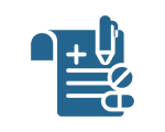 Medical document with pills and a pen symbol.